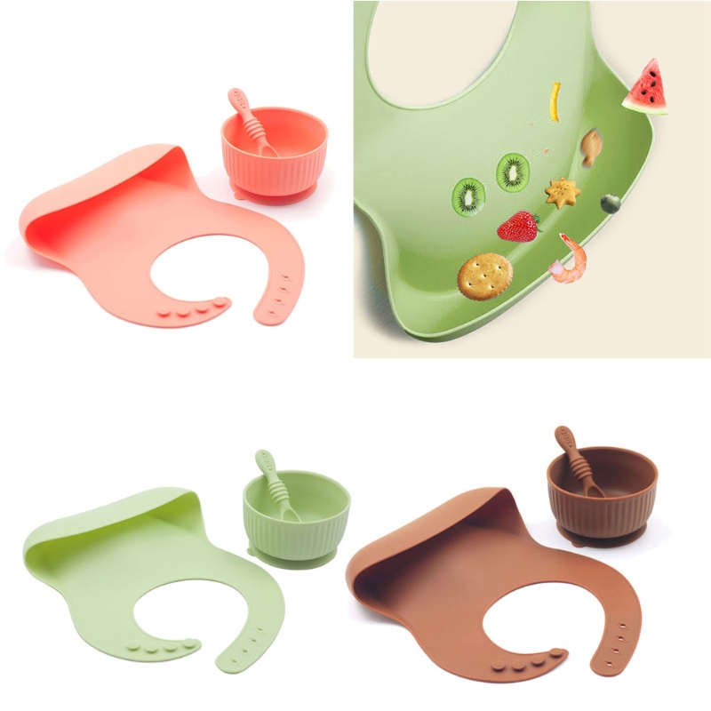 Bộ 3 Món Gồm Bát + Tô + Muỗng + Yếm Ăn Bằng Silicone Cho Bé