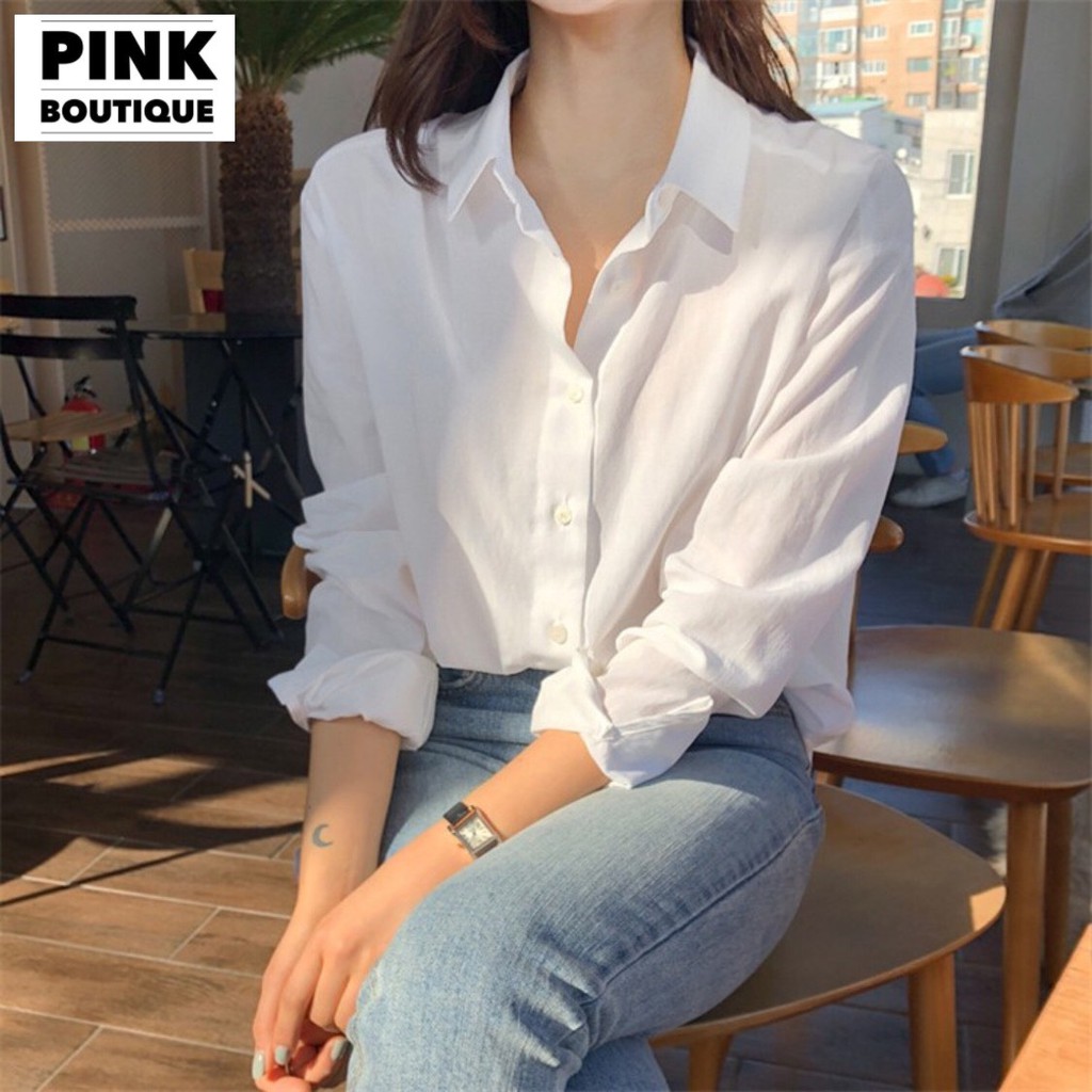 Áo Sơ Mi Nữ Trắng Form Rộng Trơn Basic Dài Tay Lụa Hàn Mát Mịn Phong Cách Ulzzang Hàn Quốc Thiết Kế PINKBOUTIQUE