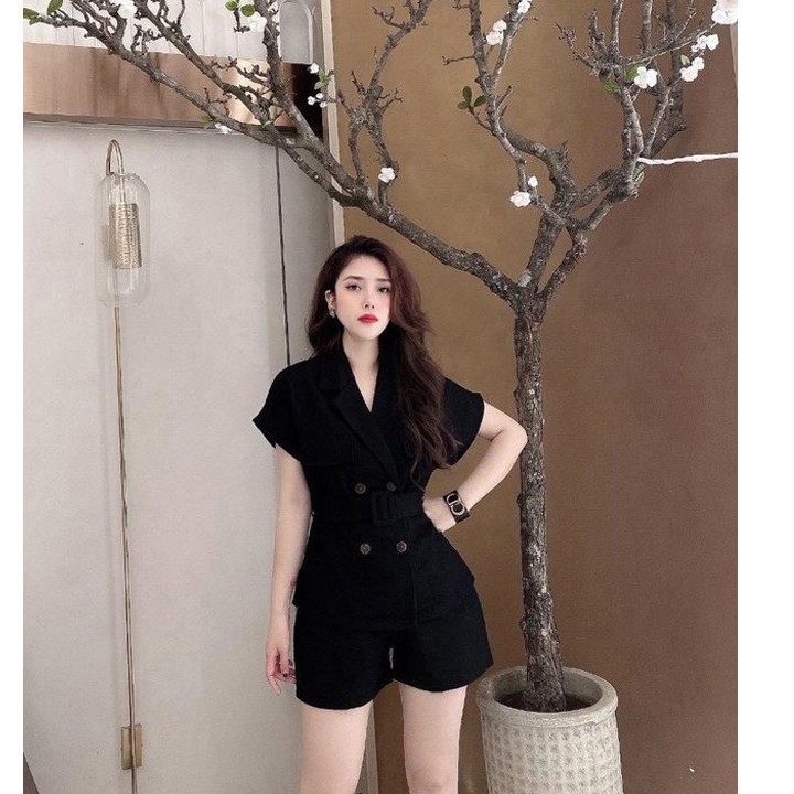 Set Nữ FREESHIP Set nguyên bộ quần short áo 4 nút cổ vest thắt J1095