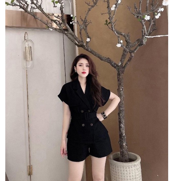 Set Nữ 🌸FREESHIP🌸 Set nguyên bộ quần short áo 4 nút cổ vest thắt J1095