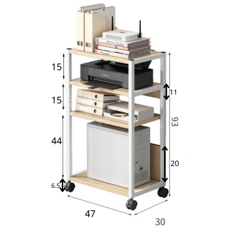 Giá sách khung sắt 5 tầng màu gỗ sáng, kệ để sách mặt gỗ MDF dễ lau chùi có bánh xe di chuyển thông minh