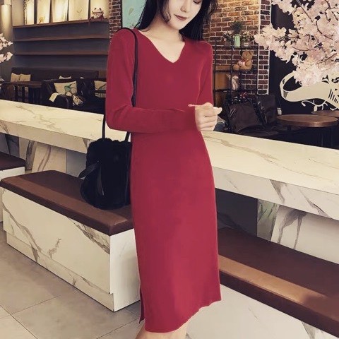 váy suông cổ V dáng dài xẻ tà 3 màu siêu hot