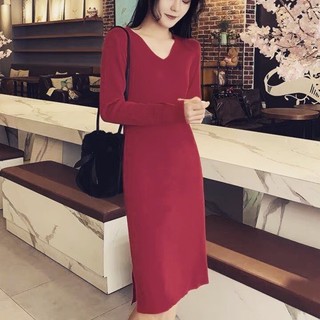 Váy suông nữ cổ V dáng dài xẻ tà 3 màu, đầm nữ suông thu đông dài tay vải len tăm