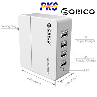 Bộ sạc thông minh - Bộ sạc tường USB 4 cổng ORICO với Công nghệ sạc thông minh màu trắng (DCK-4U) - Hàng chính hãng