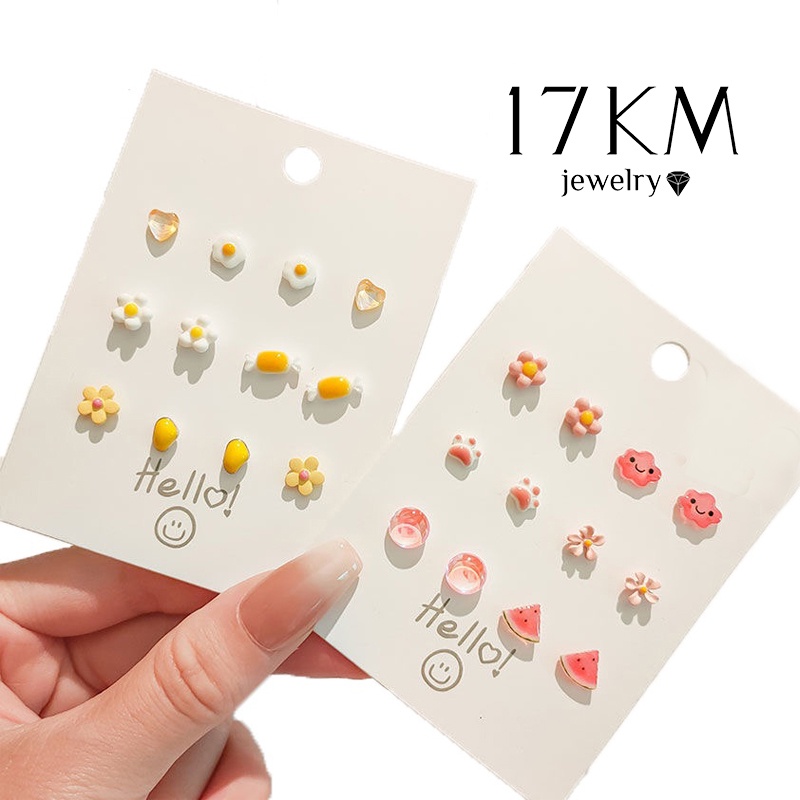 Bộ hoa tai 17KM gốm resin thiết kế kiểu trái tim nơ hoa ngọt ngào thời trang dành cho nữ