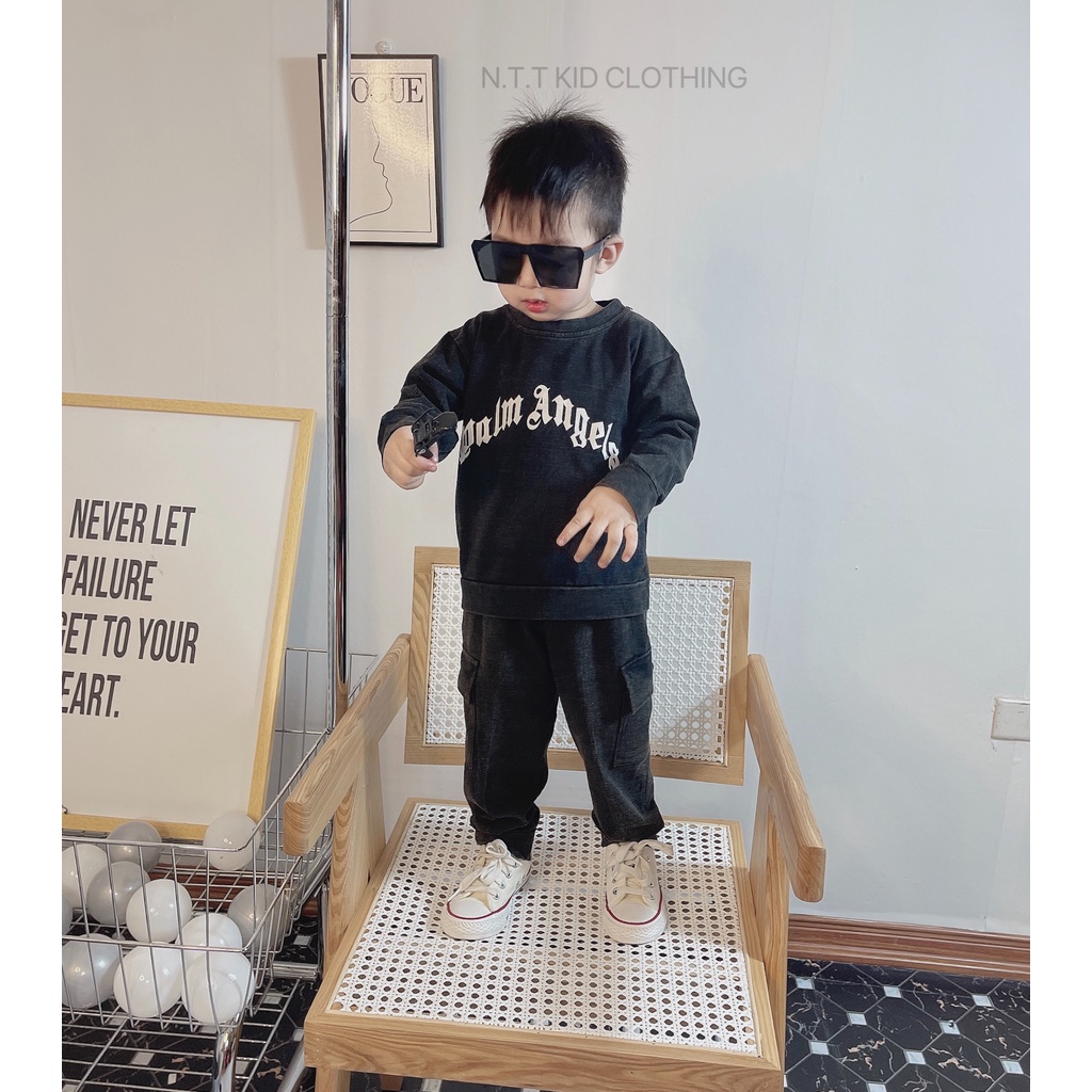 Quần áo thu đông bé trai, set bộ quần áo jean wash dày dặn, mềm mại túi hộp cho bé