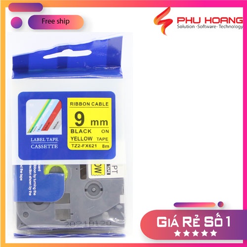 Nhãn in TZ2-FX621, Khổ rộng 9mm, chữ đen nền vàng, siêu dẻo, bám dính cao, chống thấm nước