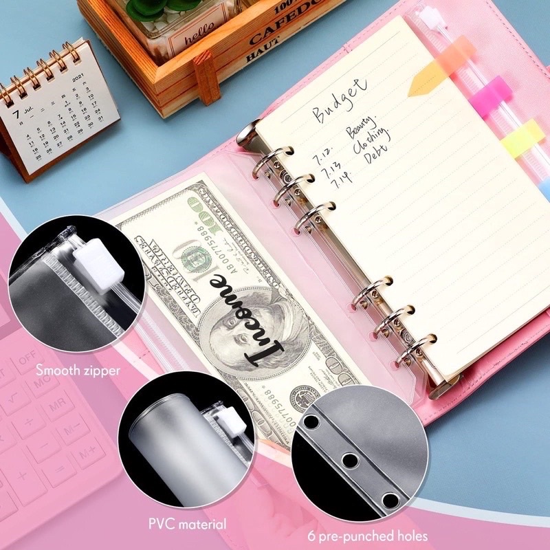 Sổ tay kế hoạch chi tiêu, đựng tiền A6 bìa da, tone pastel