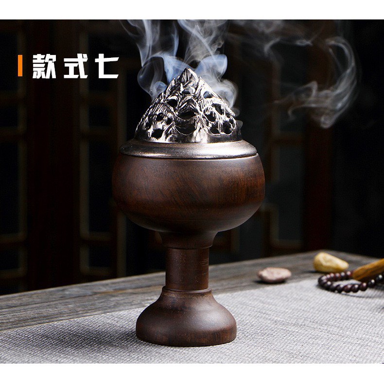 Lư đốt trầm hương LDT06 dạng cây 16x9cm nhang nụ, nhang vòng bằng gỗ mun chống cháy [Freeship 10k]
