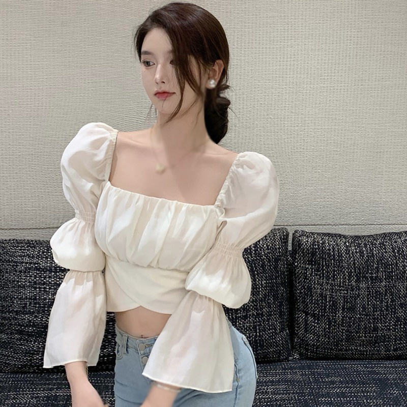 Áo Croptop Áo Kiểu Áo Sơ Mi Nữ Chiffon Tay Dài Cổ Vuông Hở Rốn Phong Cách Hàn Quốc Ngọt Ngào Cho Nữ