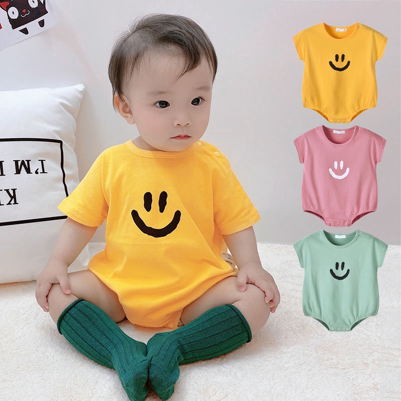 Áo liền quần ngắn tay họa tiết mặt cười thời trang Hàn Quốc cho bé 0-3 tuổi