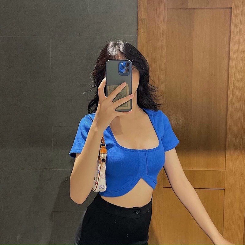 Áo croptop ôm body tay ngắn cổ U kiểu khoét thân độc lạ Shopmin A118