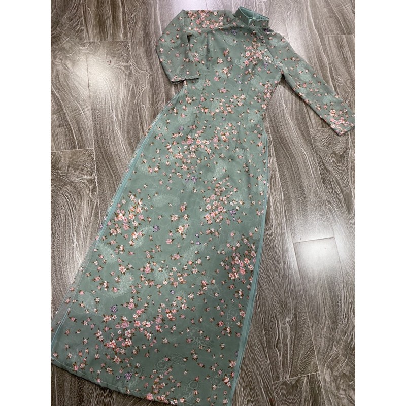 Áo dài hoa nhí xanh rêu ⚡ FREESHIP ⚡ Áo dài 4 tà hoa nhí dáng truyền thống | BigBuy360 - bigbuy360.vn