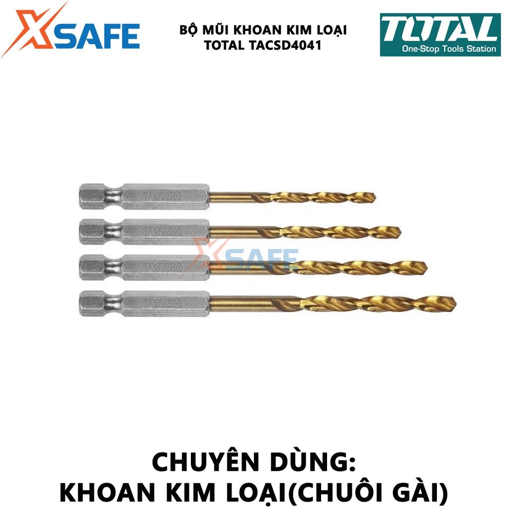 Bộ 4 mũi khoan kim loại kim đuôi lục giác TOTAL TACSD4041 Combo 4 mũi khoan đuôi gài Gồm 4 size, đuôi lục giác 1/4&quot;