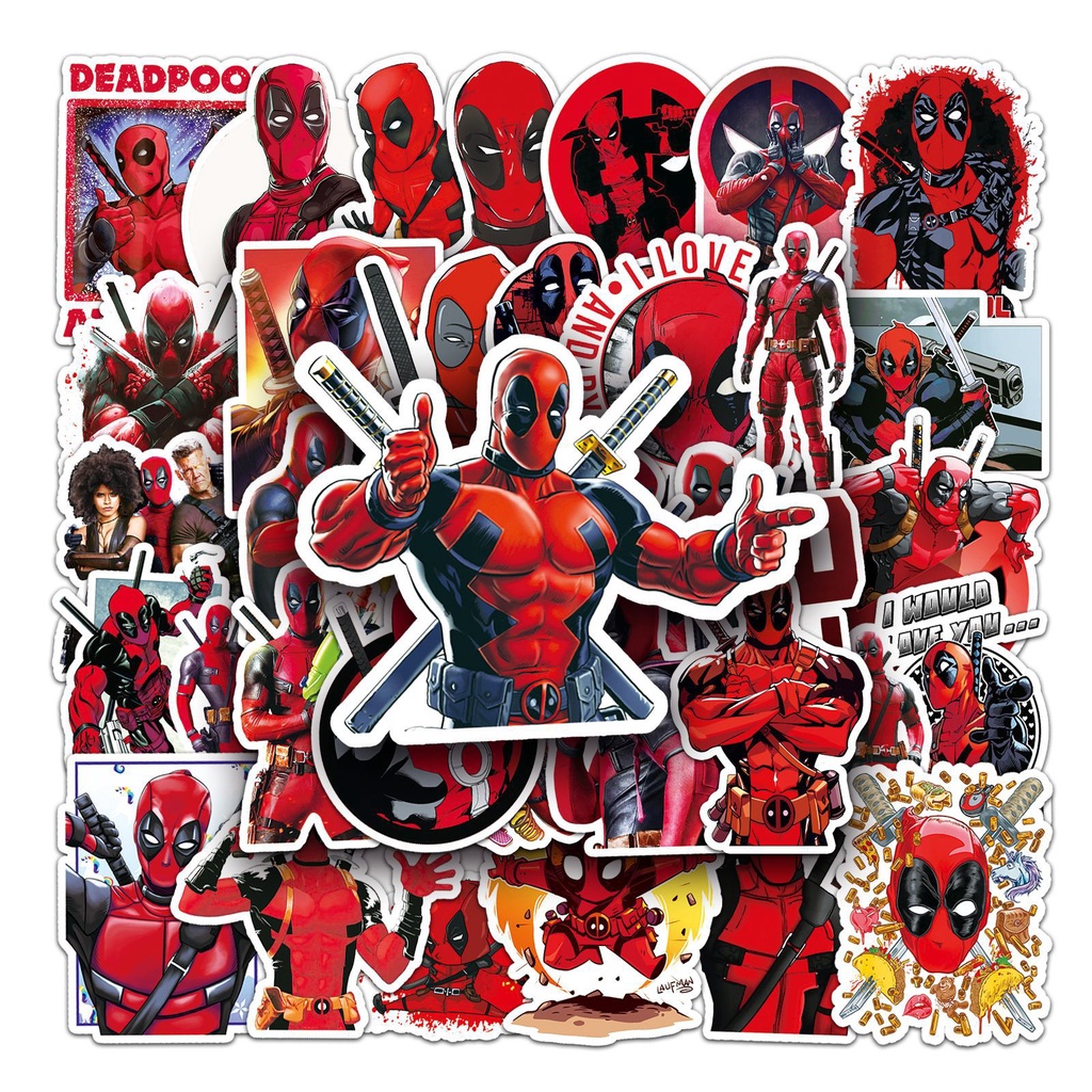 Combo 30 Sticker Hình Dán Chống Nước Decal Điện Thoại Laptop Nón Mũ Bảo Hiểm Vali Đàn Bình Nước Sổ Tay [DEADPOOL MAVEL]