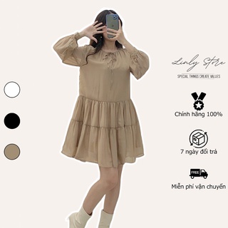 Váy babydoll nữ dài tay phối nơ ngực Linly Store chất tơ mịn V-BB