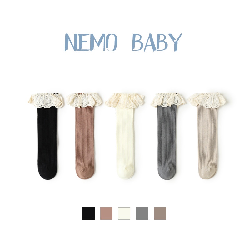 Tất/vớ cho bé gái cổ cao đính ren kiểu vintage tông màu pastel Hàn Quốc cao cấp Nemo Baby