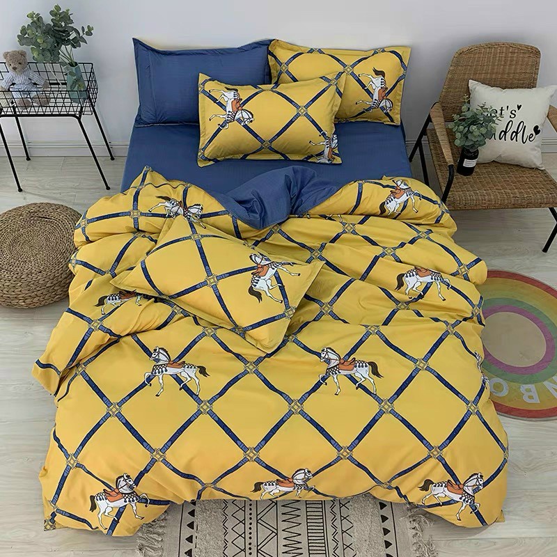 Bộ chăn ga gối Poly HQ Hermes ngựa vàng cao cấp sang chảnh (Tặng vỏ gối ôm) - Miễn phí bo chun