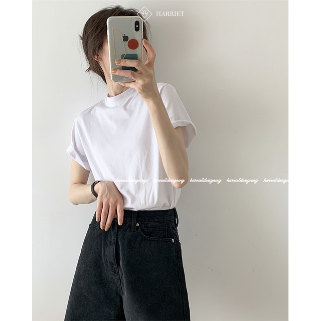 Áo phông nữ cổ tròn cao chất liệu cotton mềm mại thấm hút mồ hôi 2.5cm Harriet
