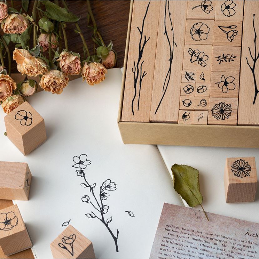 Bộ 20 con dấu gỗ Flower wooden stamp trang trí sổ tay vintage style | BDD027