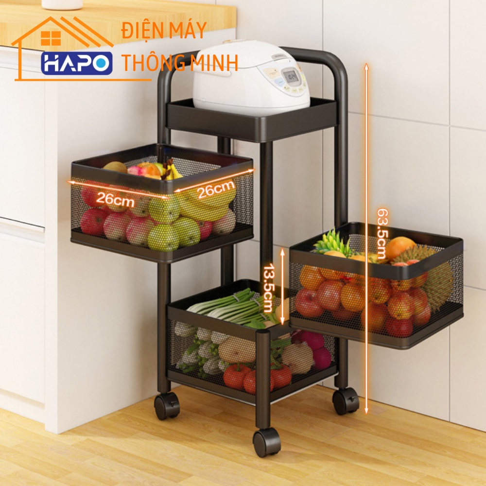 Kệ vuông xoay 3 tầng đựng rau củ quả, Giá đựng đồ gia dụng nhà bếp có bánh xe di chuyển, Kệ đa năng đựng sách chứa đồ