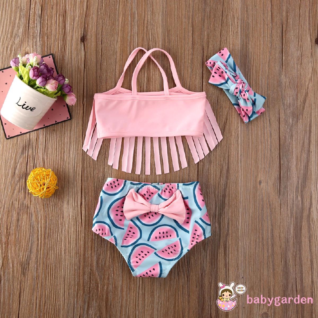 Set áo + quần bơi kiểu tua rua màu hồng họa tiết dưa hấu dễ thương dành cho bé gái