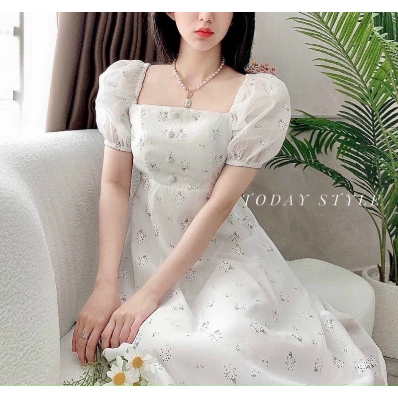 Đầm midi voan tơ hoa nhí cổ vuông tay phồng nữ- Ảnh thật trải sàn - Nàng Closet