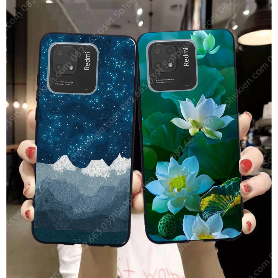Ốp lưng Xiaomi redmi 10C ép kính nano chống bể hình thư pháp, hoa sen, thiết kế đẹp