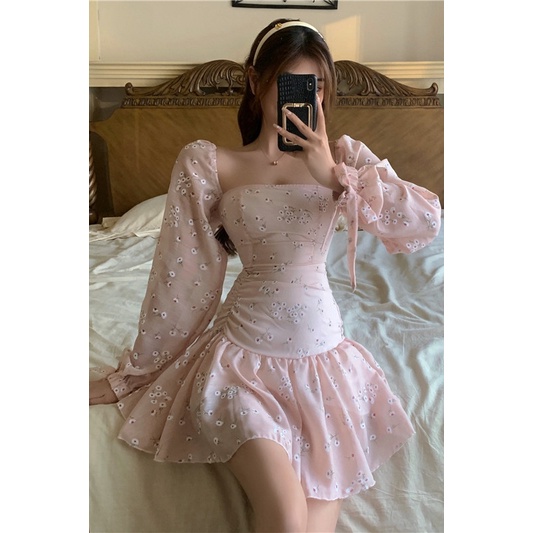 Đầm dáng ôm hoa nhí tay dài Emilyshop ulzzang