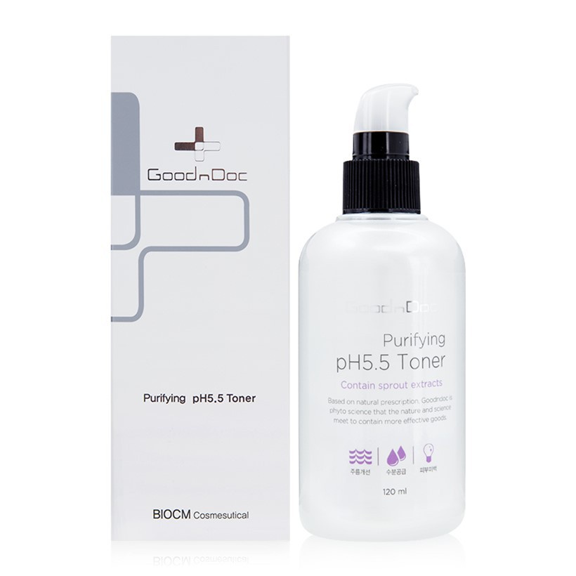 Nước hoa hồng dưỡng trắng da sạch sâu loại bỏ dầu nhờn GoodnDoc Purifying pH 5.5 Toner 120ml