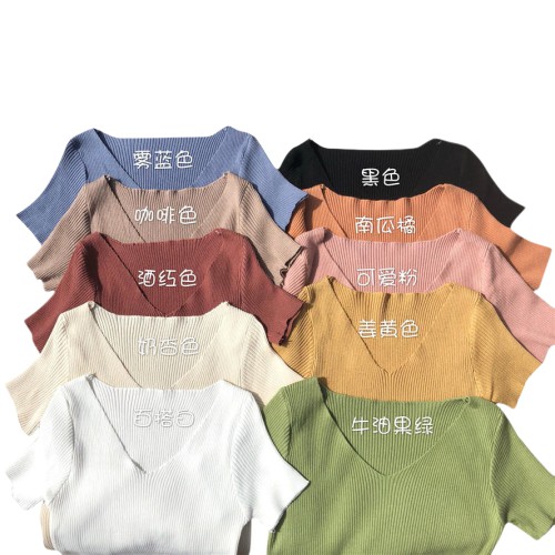 Áo thun dệt kim cổ chữ V màu trơn dáng ôm cho nữ | BigBuy360 - bigbuy360.vn