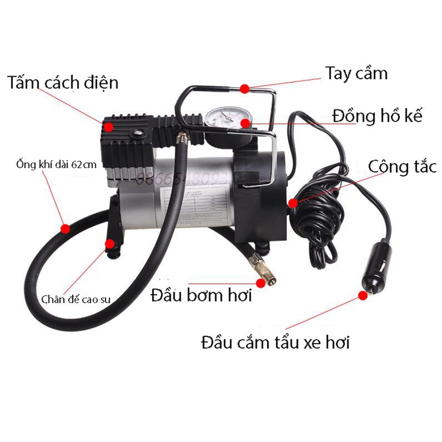 [Có bảo hành] Máy bơm hơi kim loại một xi lanh cho xe máy, ô tô 12V-220V Áp lực 150 PSI