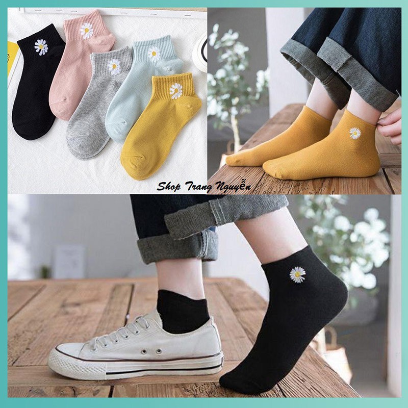 Tất nữ cổ ngắn họa tiết hoa cúc, tất cổ ngắn nữ họa tiết hoc cúc