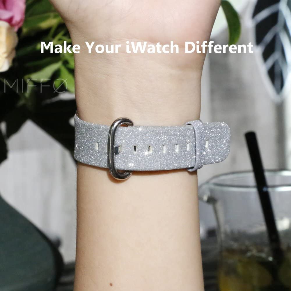 Dây đeo thay thế bằng da phủ kim tuyến lấp lánh kích thước 38mm 40mm 42mm 44mm cho Apple Watch