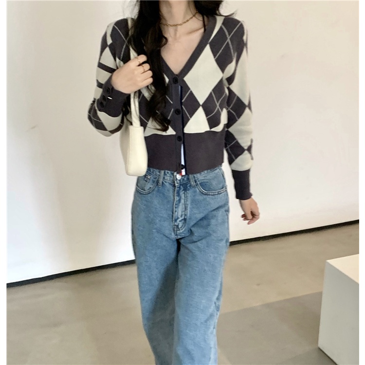 Áo khoác cardigan dệt kim tay dài họa tiết caro kim cương phong cách Anh Quốc thời trang mùa thu