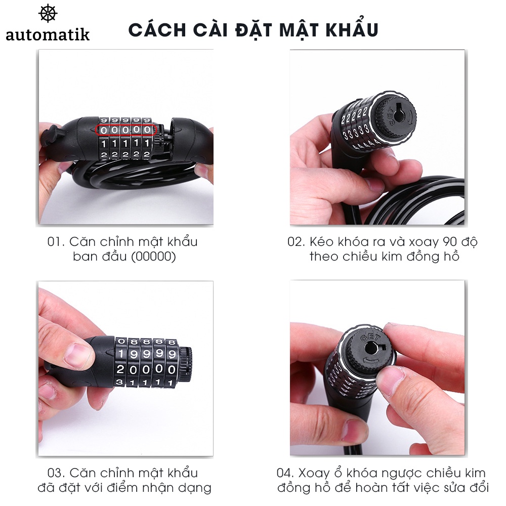 Khóa Xe Đạp, Khóa Dây 5 Số Xe Máy Chống Trộm Thông Minh - Automatik