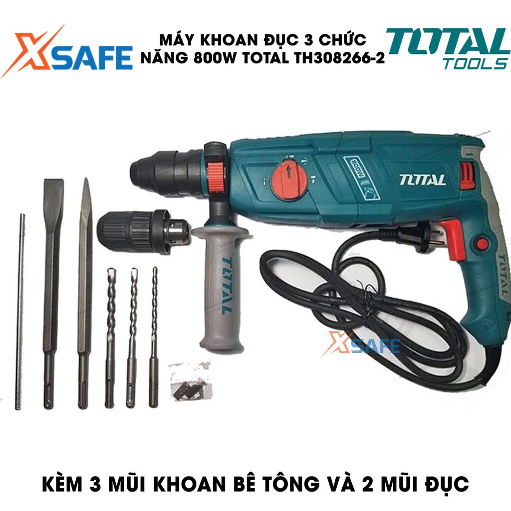 Máy khoan đục 3 chức năng 800W TOTAL TH308268-2 Kèm 3 mũi khoan gài 2 mũi khoan đục Máy khoan đục cầm tay chính hãng