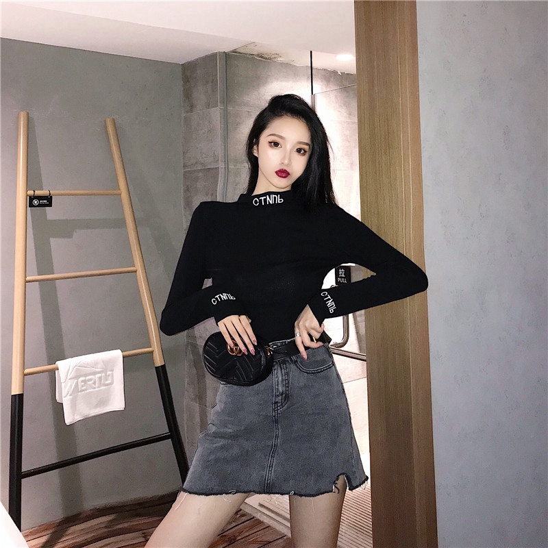 Áo thun nữ cổ lọ tay dài màu trơn đơn giản thời trang Hàn Quốc