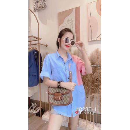 Áo sơ mi jean phối kẻ sọc hồng