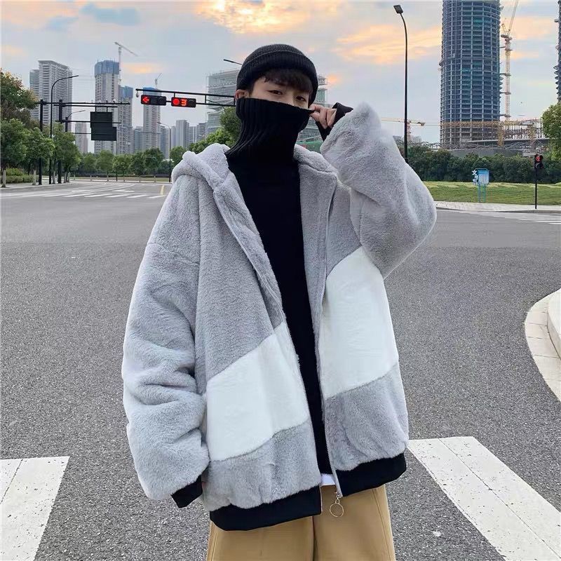 Áo Khoác Lông Cừu Có Mũ Trùm Dáng Rộng Phối Khóa Kéo Thời Trang Mùa Đông Hàn Quốc Dành Cho Nam