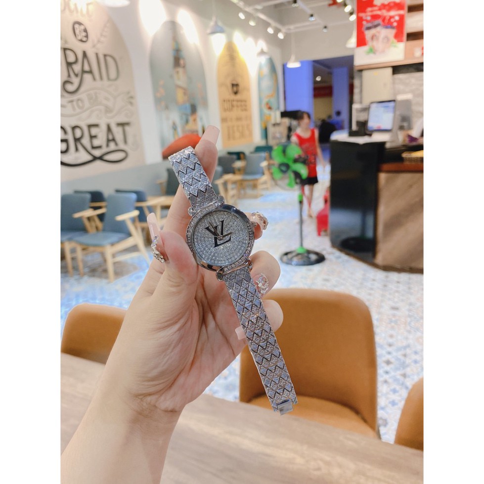 Đồng hồ nữ LV dây thép ko rỉ mặt tròn đính full đá thời thượng hợp trend giới trẻ, chống nước, bảo hành 12 tháng