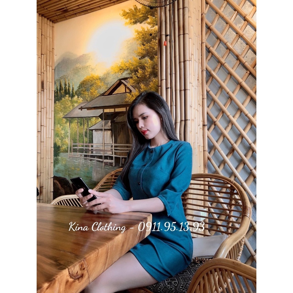 Đầm suông nữ tay lỡ nhung tăm Hàn công sở thanh lịch nữ tính D02 | BigBuy360 - bigbuy360.vn