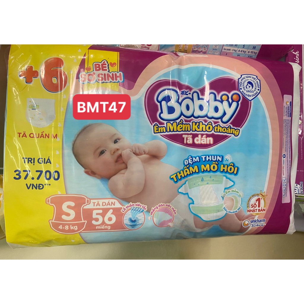 [TẶNG KÈM 6M QUẦN M] Tã Dán Bobby Siêu Thấm Khô Thoáng Size S56 miếng (4-8KG)