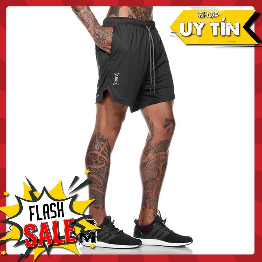 Quần short tập gym nam 2 lớp quần đùi thể dục thể thao nam chạy bộ yoga 2 trong 1 có túi bỏ điện thoại tiện dụng GYGA