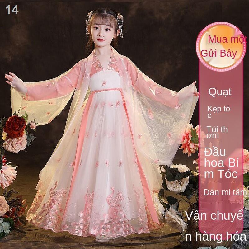 XHanfu cô gái cổ trang Phong cách Trung Quốc 2021 quần áo trẻ em mùa xuân mới và thu váy hè kiểu siêu tiên Tan