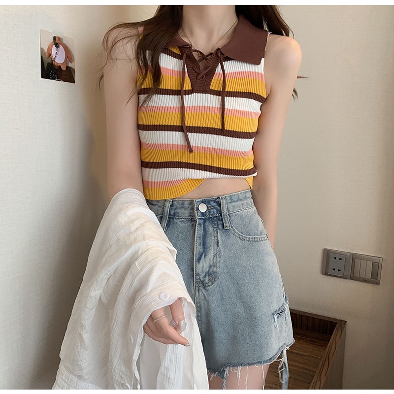Áo Hai Dây Cổ Polo Họa Tiết Kẻ Sọc Màu Sắc Tương Phản Thời Trang Mùa Hè 2022 Dành Cho Bạn Nữ