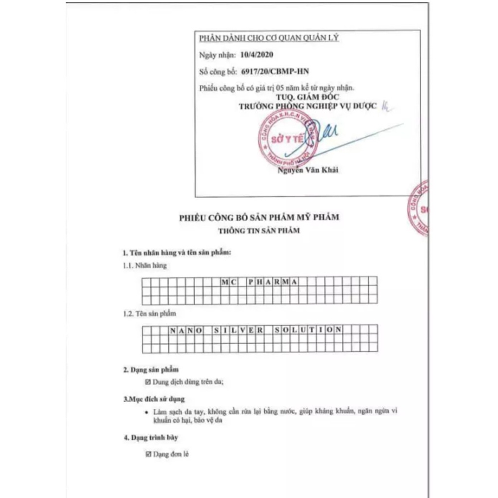 Dung dịch Nano bạc khử khuẩn MC Pharma chính hãng  dùng cho máy phun diệt khuẩn ô tô, phòng ở hiệu quả