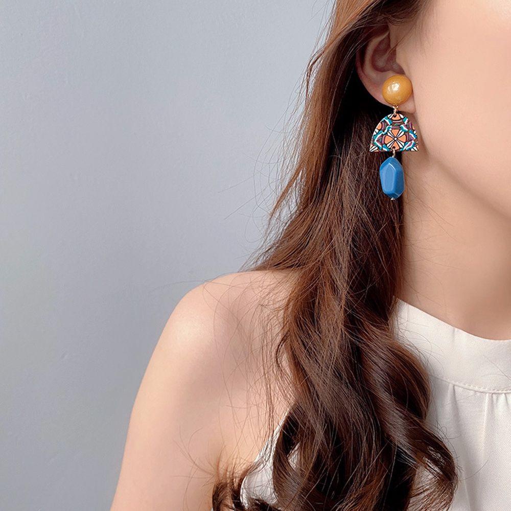 EXPEN Khuyên Tai Kim Loại Đính Đá Nhựa Resin Màu Sắc Tương Phản Phong Cách Retro Dành Cho Nữ