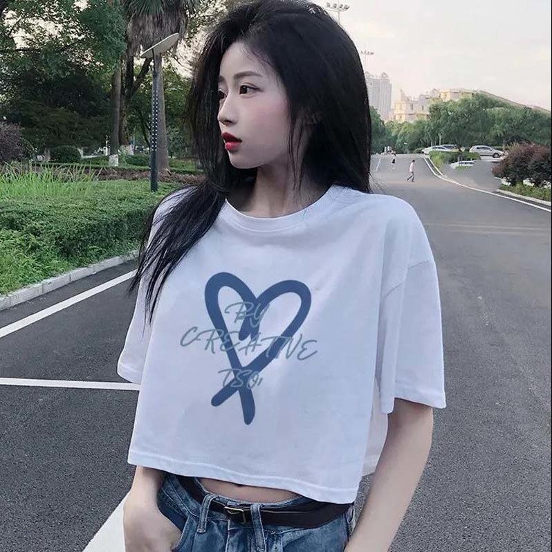 Phụ nữ t-shirt mới nhất croptop thời trang áo t-shirt ngắn nữ american hot girl thắt lưng cao tay ngắn rốn ins all-match thời trang hàng đầu