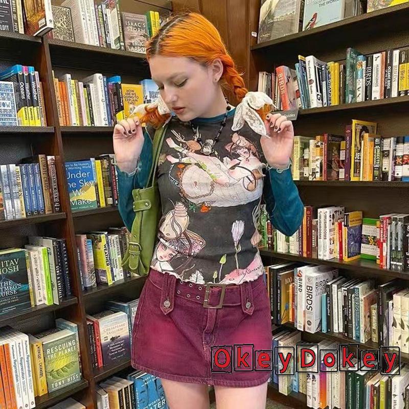 Áo Thun Tay Dài Y2K Cổ Tròn In Họa Tiết Màu Sắc Tương Phản Siêu Mỏng Thời Trang Đường Phố Cho Nữ